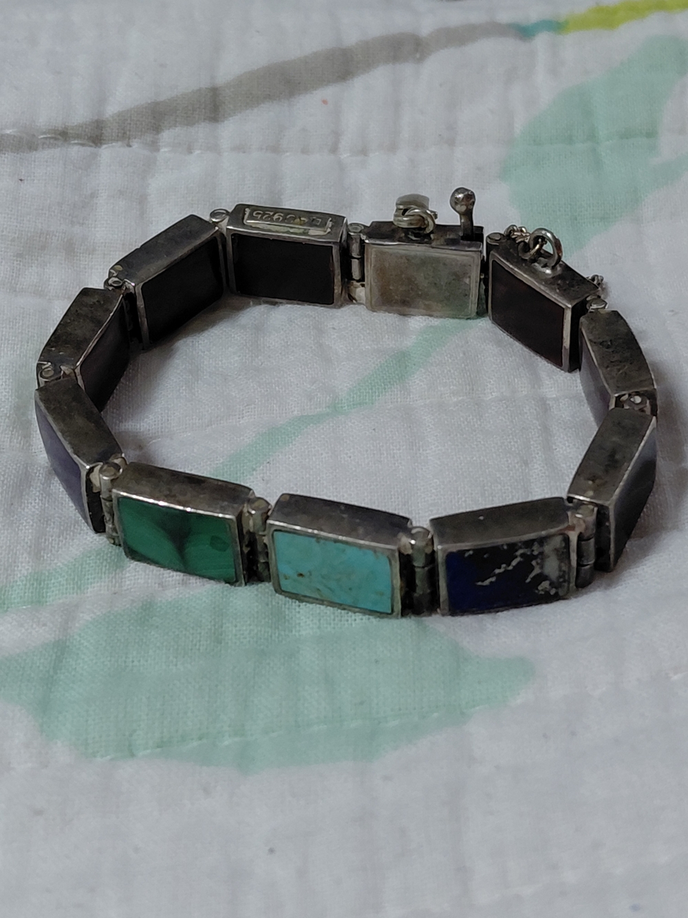 925 Sterling Silver Vintage Bac Real Multicolor Gem Dual Sided Bracelet.
